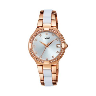 Ladies rose gold and white inset bracelet watch rh922fx9